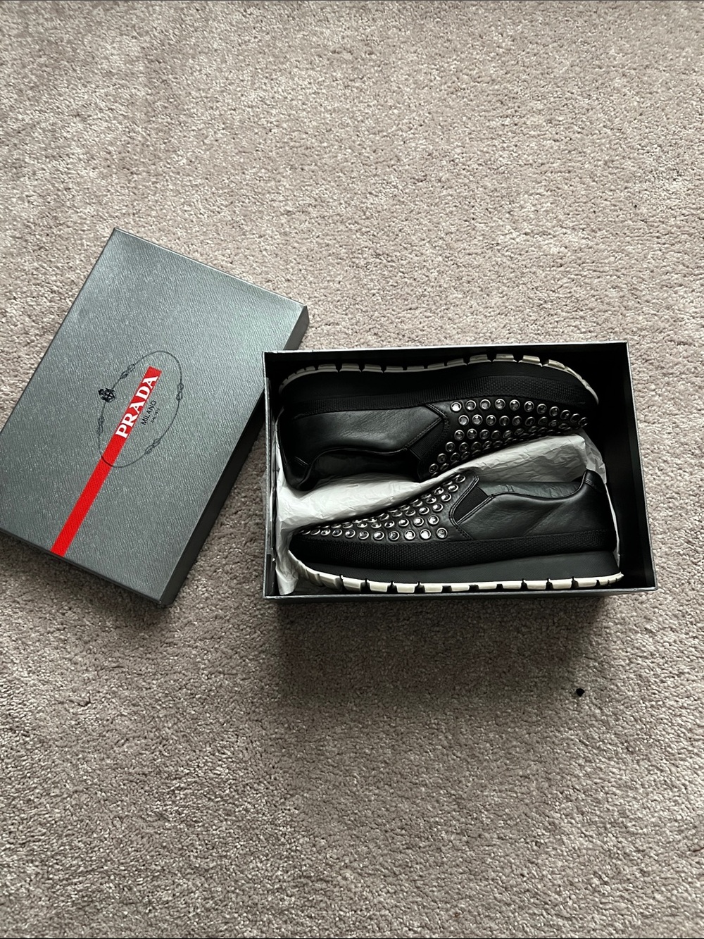 Prada Linea Rossa Studded Black Leather Slip-On Sneakers